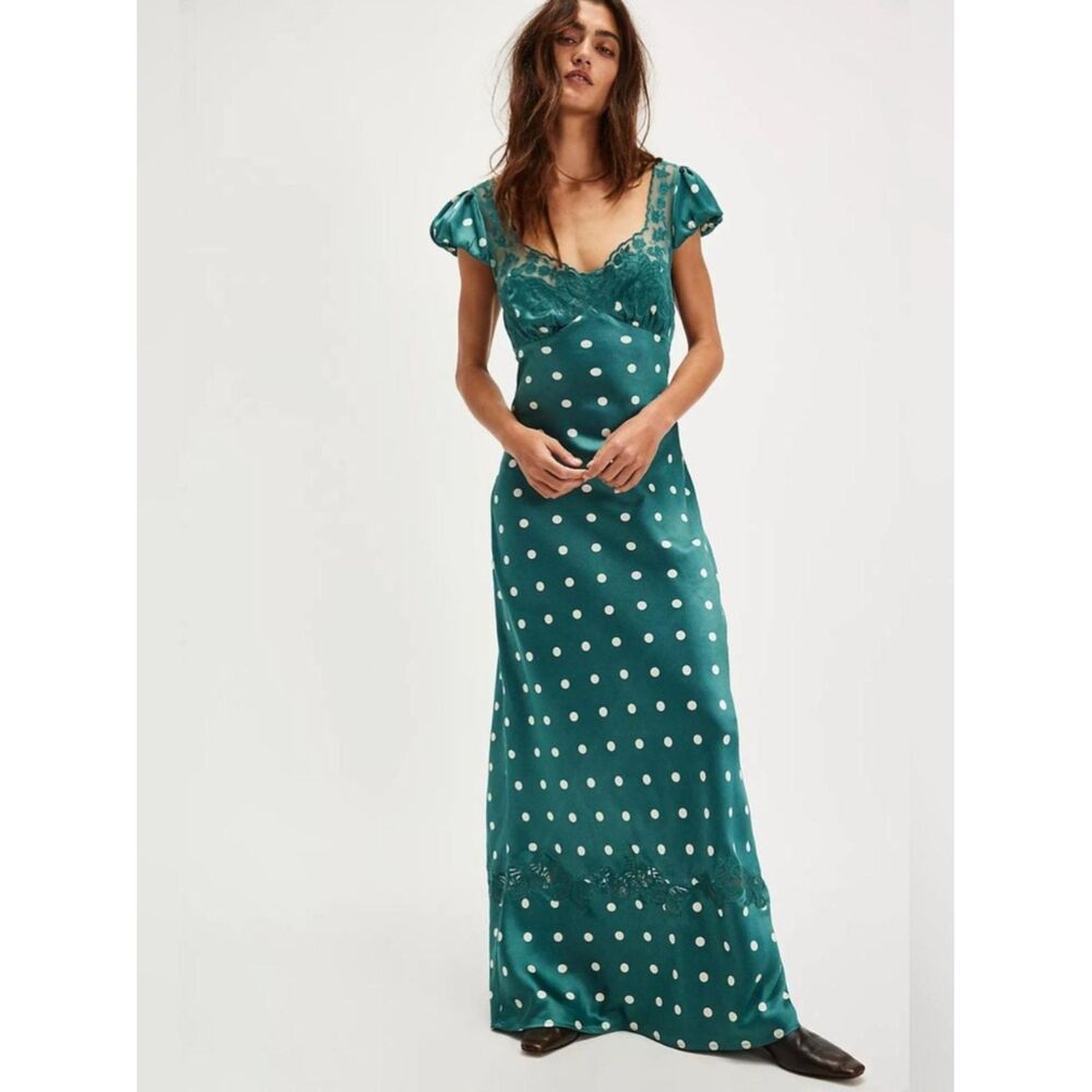 Free People Womens Butterfly Babe Polka Dot Sz Small Green Satin Maxi Dress EUC
